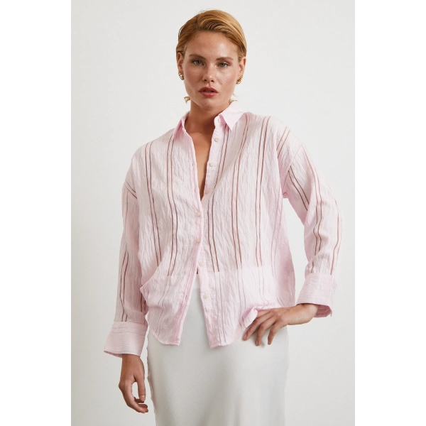 Organze Çizgili Gömlek Pembe
