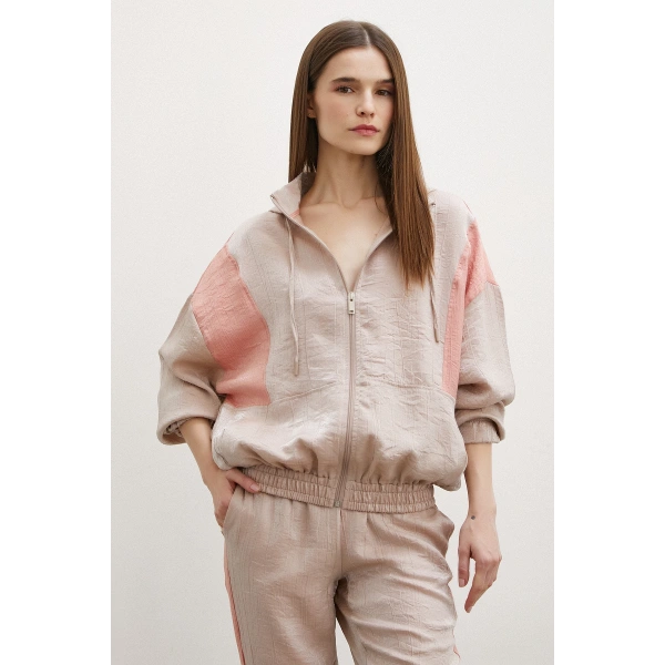 Fermuarlı Garnili Sweatshirt Bej