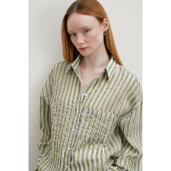 Transparan Çizgili Gömlek Haki
