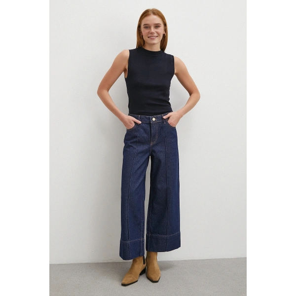 Yüksek Bel Paça Detaylı Jean Lacivert