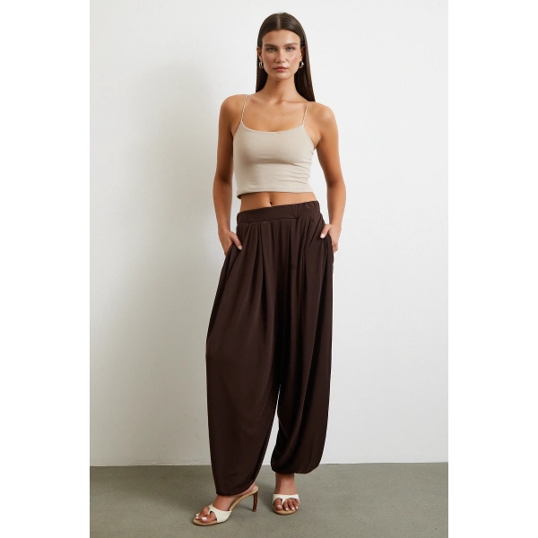 Paça Detaylı Şalvar Pantolon Kahve
