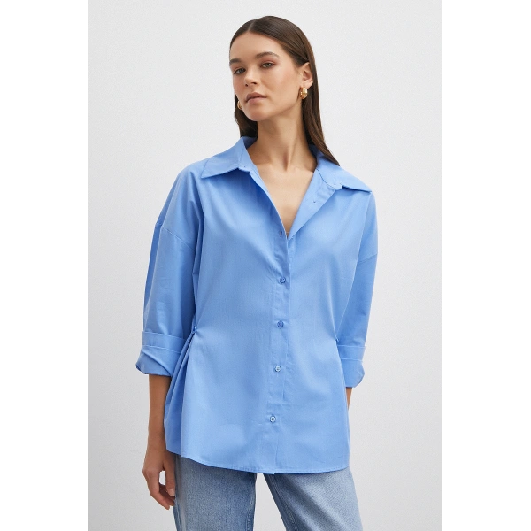 Düğme Detaylı Pamuklu Gömlek Mavi