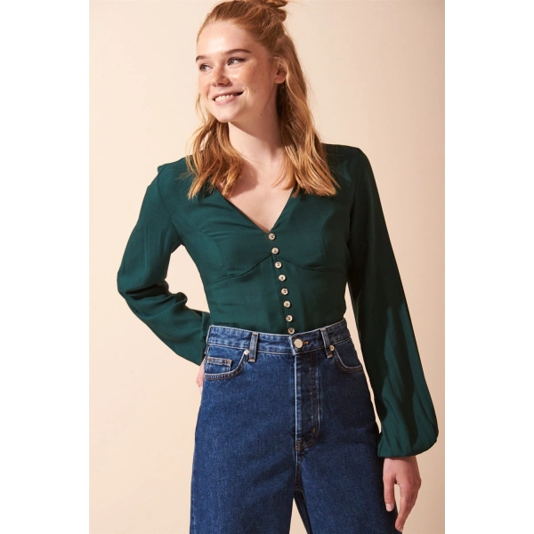 Düğme Detaylı V Yaka Uzun Kol Bluz Yeşil