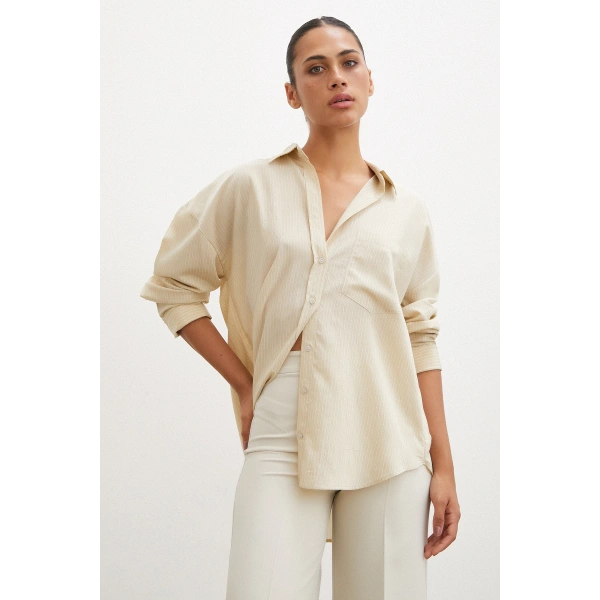 Cepli Çizgili Gömlek Bej