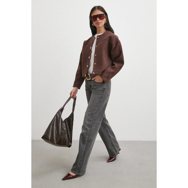 Beli Lastikli Düğmeli Bomber Ceket Kahve