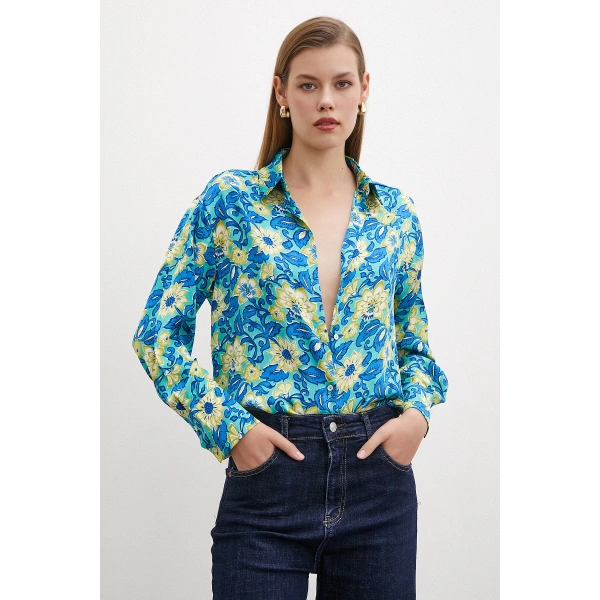 Lotus Desenli Gömlek Mavi