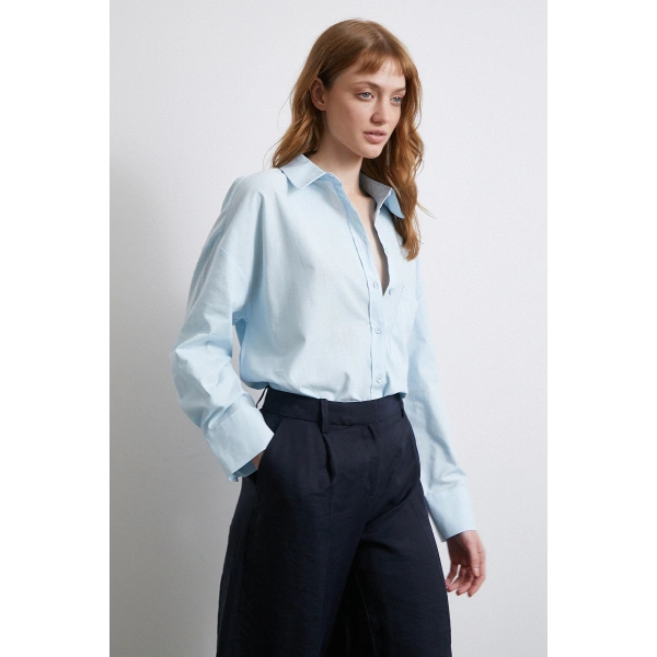 Keten Karışımlı Oversize Gömlek Mavi