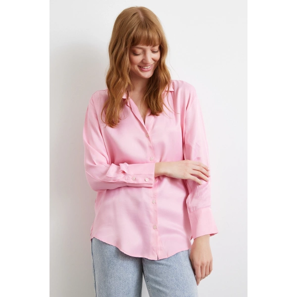 Viskon Saten Gömlek Pembe