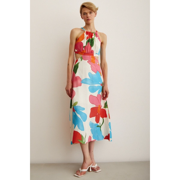 Yanları Dekolteli Askılı Desenli Elbise Mavi