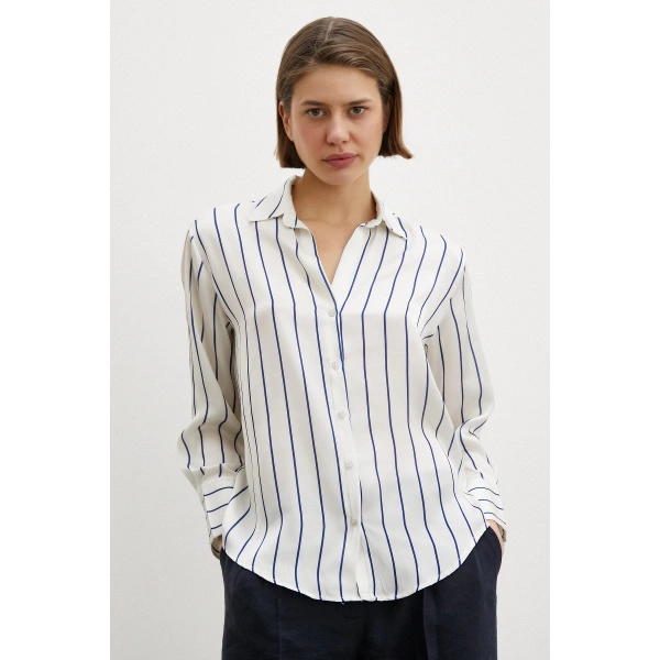 İnce Çizğili Şifon Gömlek Ekru