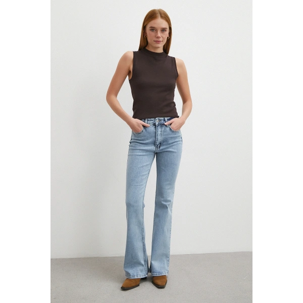 Orta  Bel Likralı İspanyol Paça Jean Buz Mavisi