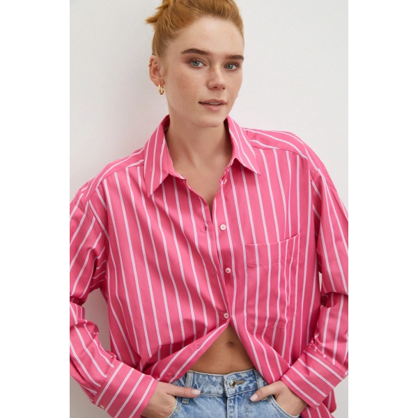 Çizgili Poplin Gömlek Pembe