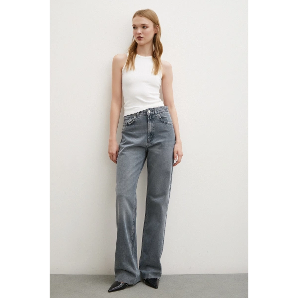 Yüksek Bel Kesik Paça Wide Leg Jean Füme