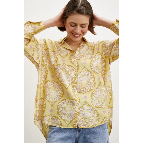 Çini Desenli Modal Gömlek Sarı