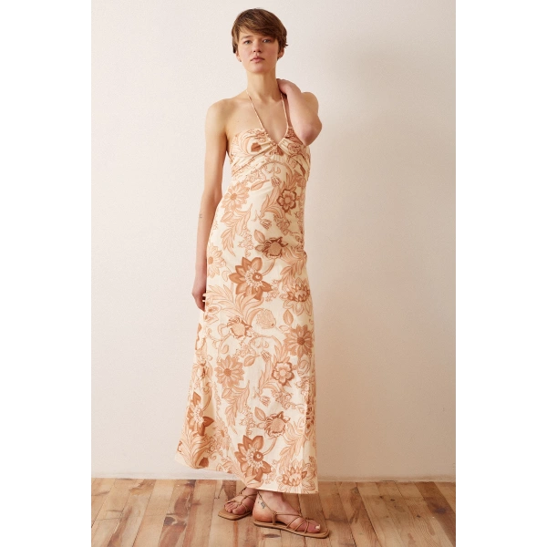 Çiçek Desenli Askılı Elbise Sarı