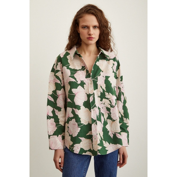 Gül Desenli Poplin Gömlek Yeşil