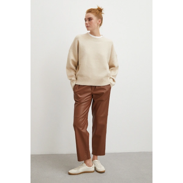 Bağcıklı Deri Pantolon Kahve