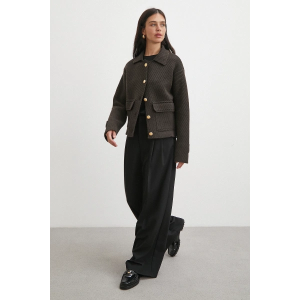 Polo Yaka Cepli Gold Düğmeli Ceket Kahve