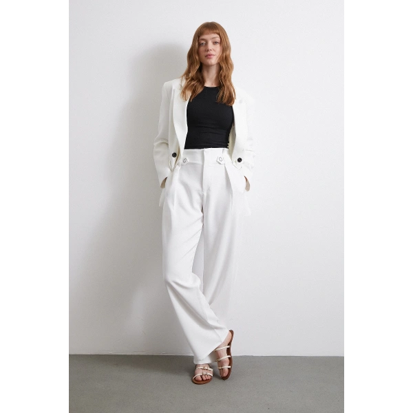 Bel Detaylı Wide Leg Pantolon Ekru