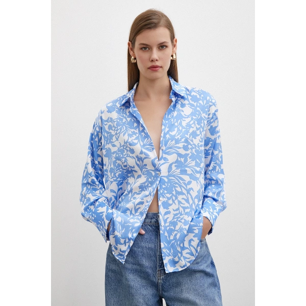 Desenli Gofret Saten Gömlek Açık Mavi