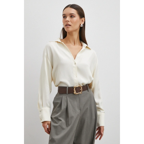 Viskon Saten Gömlek Ekru