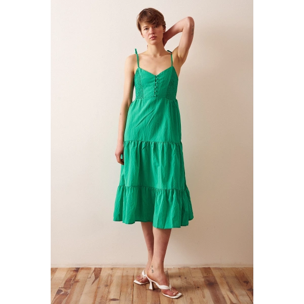 Sırtı Büzgülü Askılı Elbise Yeşil