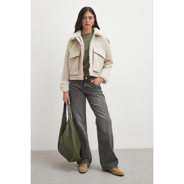 Apoletli Yünlü Körük Cepli Kaşe Mont Bej