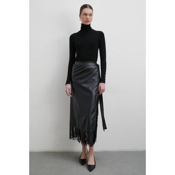 Bağlamalı Püsküllü Deri Etek Siyah