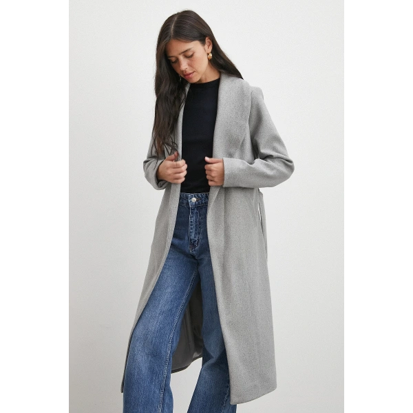 Kuşaklı Kaşe Kaban Gri