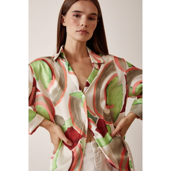 V Yaka Desenli Saten Gömlek Mint