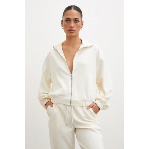 Fermuarlı Sweatshirt Ekru