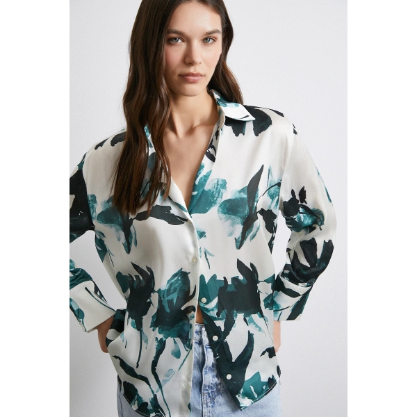 Saten Yüzeyli Desenli Gömlek Yeşil