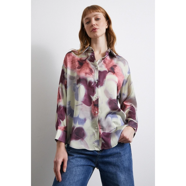 Batik Desen Saten Gömlek Lila