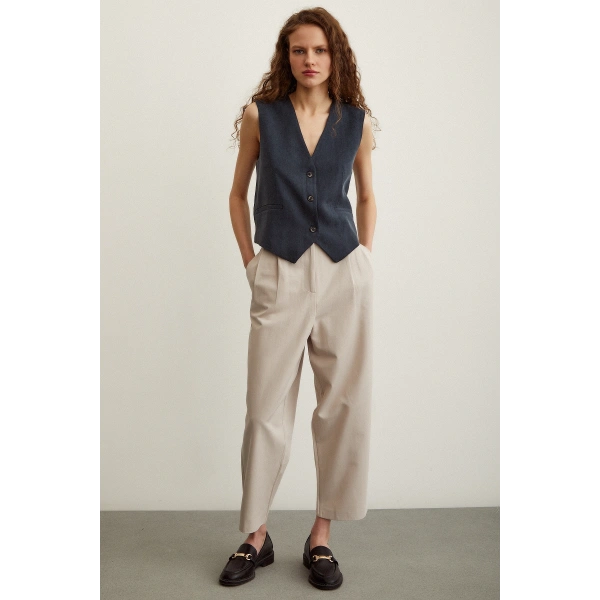 Önü Çift Pileli Pantolon Taş