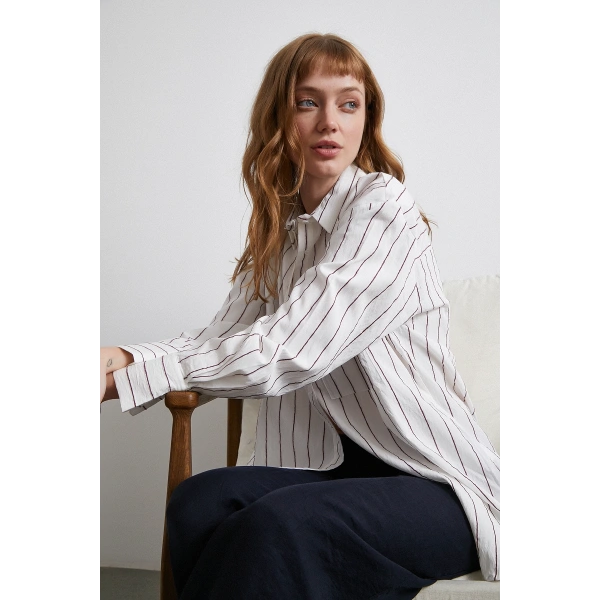 Çizgili Cepli Gömlek Bordo