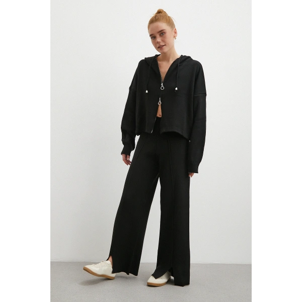 Çift Fermuarlı Kapüşonlu Pantolonlu Takım Siyah