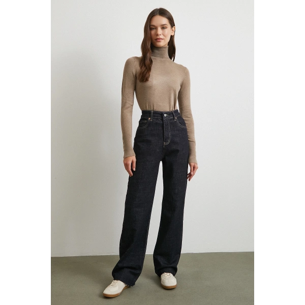 Yüksek Bel Kesik Boru Paça Jean Lacivert