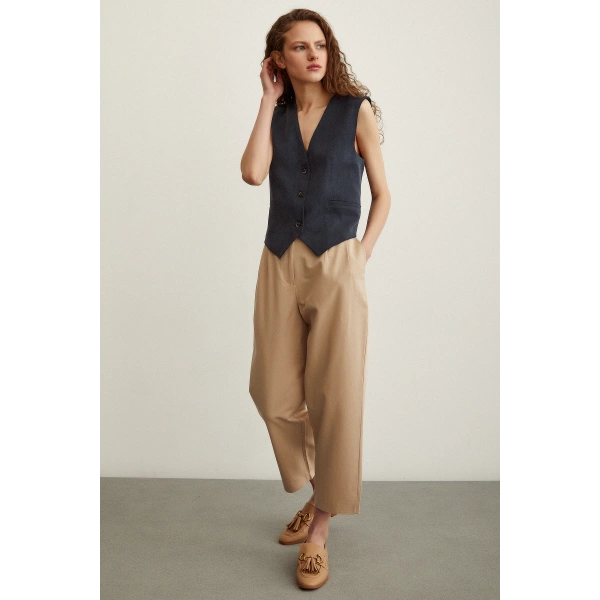 Önü Çift Pileli Pantolon Bej