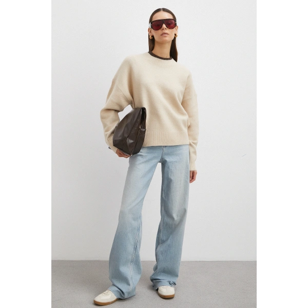 Yüksek Bel Kesik Paça Straight Buz Mavisi