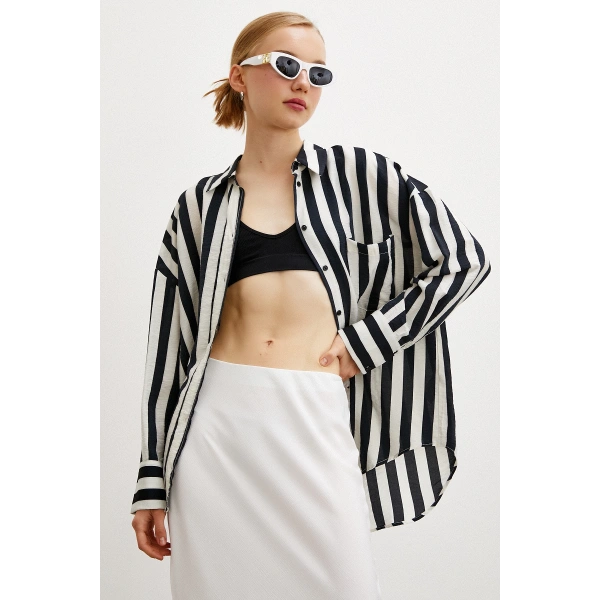 Poplin Çizgili Gömlek Ekru