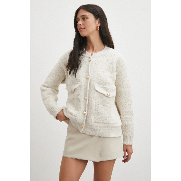 Cepli Düğmeli Simli Hırka Ekru