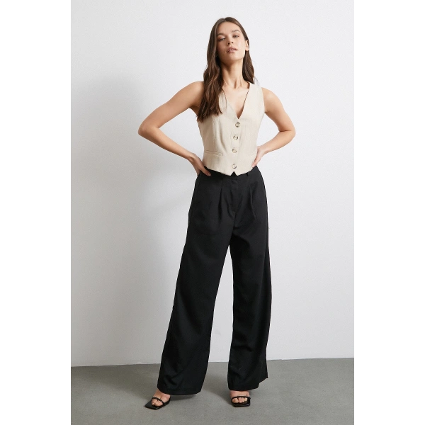 Yüksek Bel Beli Lastikli Geniş Paça Pantolon Siyah