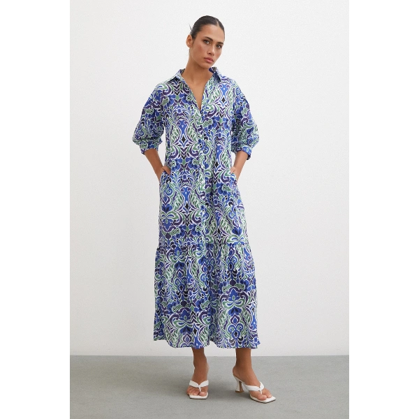 Önü Düğmeli Fakir Kol Elbise Lacivert