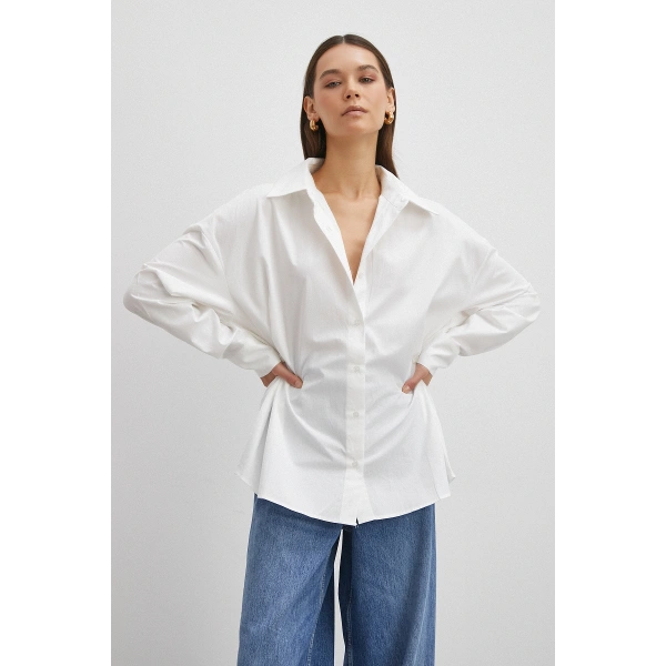 Düğme Detaylı Pamuklu Gömlek Beyaz