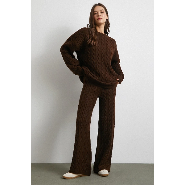 Desenli Şardonlu Triko Takım Kahve