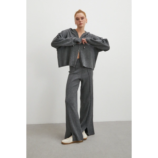 Çift Fermuarlı Kapüşonlu Pantolonlu Takım Gri