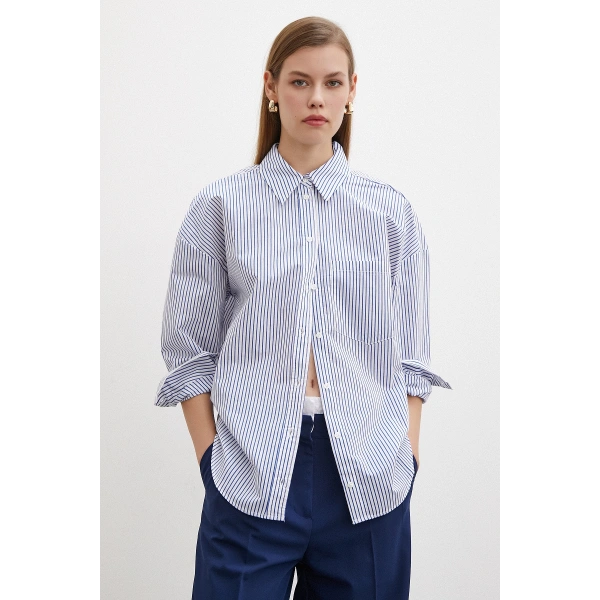 İnce Çizgili Poplin Gömlek Mavi