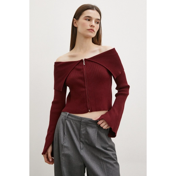 Fermuarlı Mendil Yaka Hırka Bordo