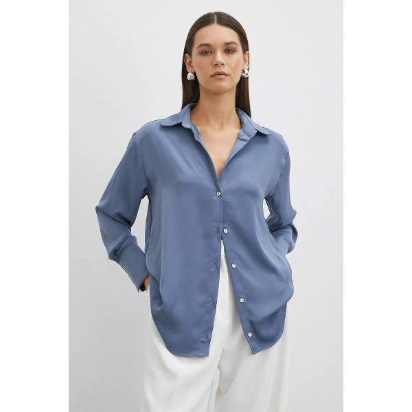 Basic Saten Gömlek İndigo
