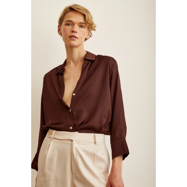 Basic Saten Gömlek Kahve